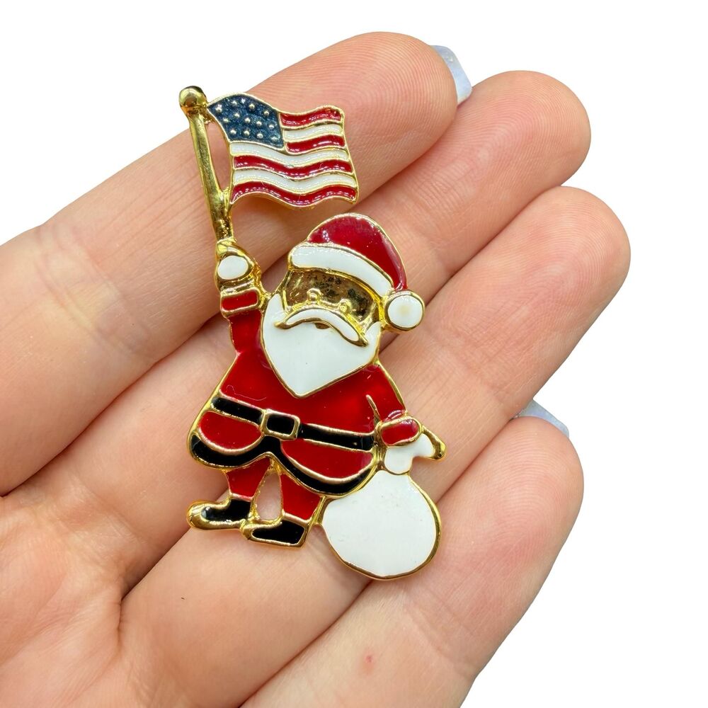 Vintage Jewelry Patriotic Santa Brooch Santa with USA Flag Pin